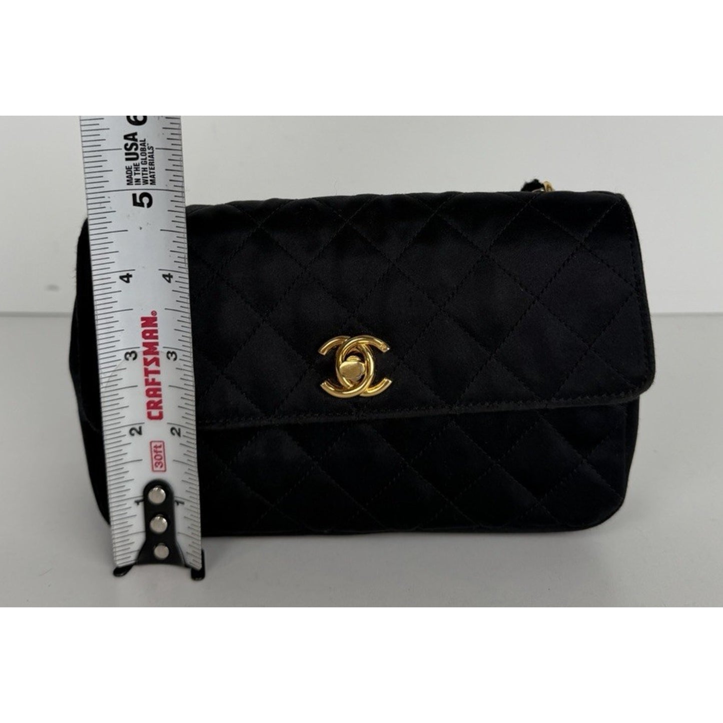 Chanel Satin Quilted CC Flap Mini Bag Vintage in Black with Gold HW E8