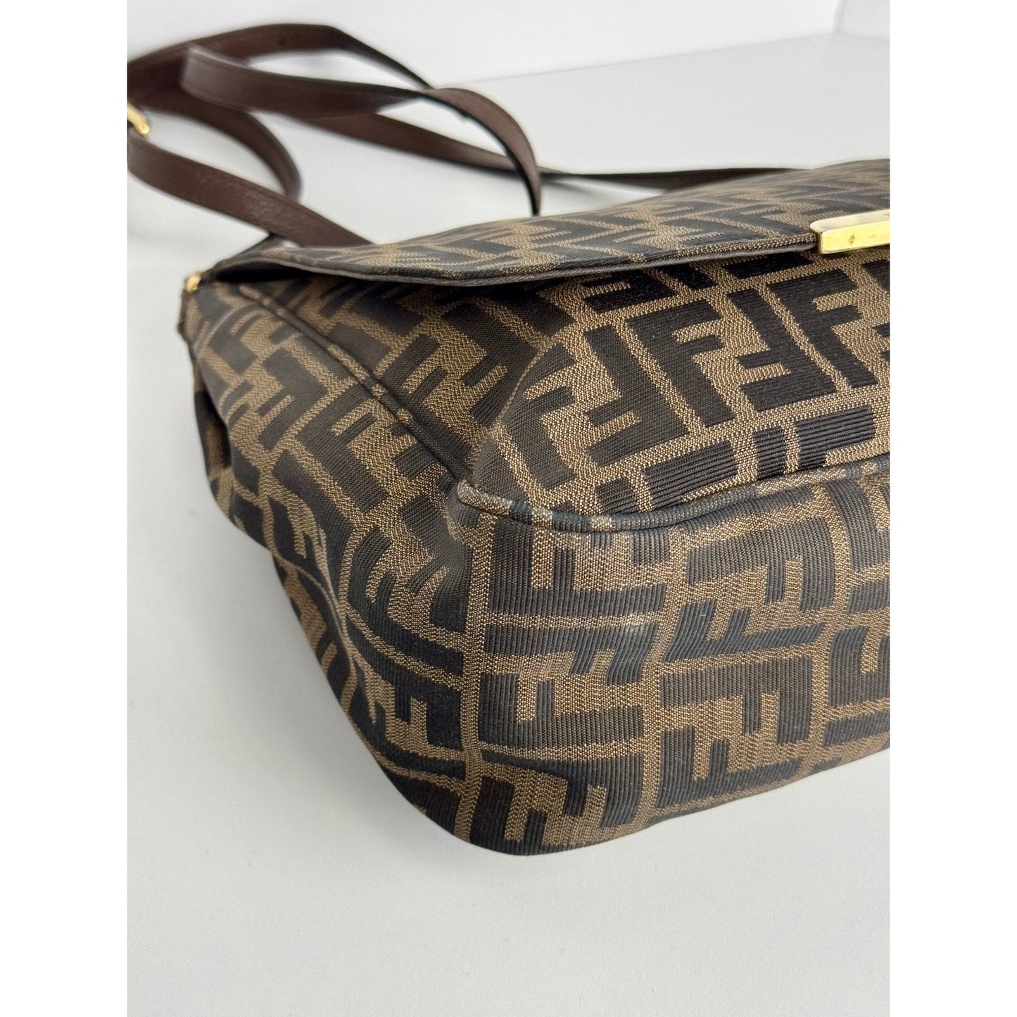 Fendi Tobacco Zucca Canvas Flap Crossbody Bag with Gold Hardware D-1