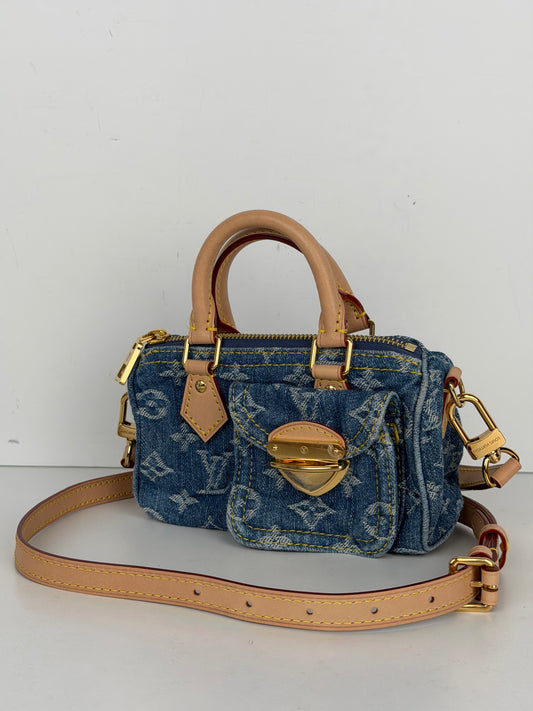Louis Vuitton Nano Speedy Crossbody Bag in Blue LV Monogram Denim NFC YC-5