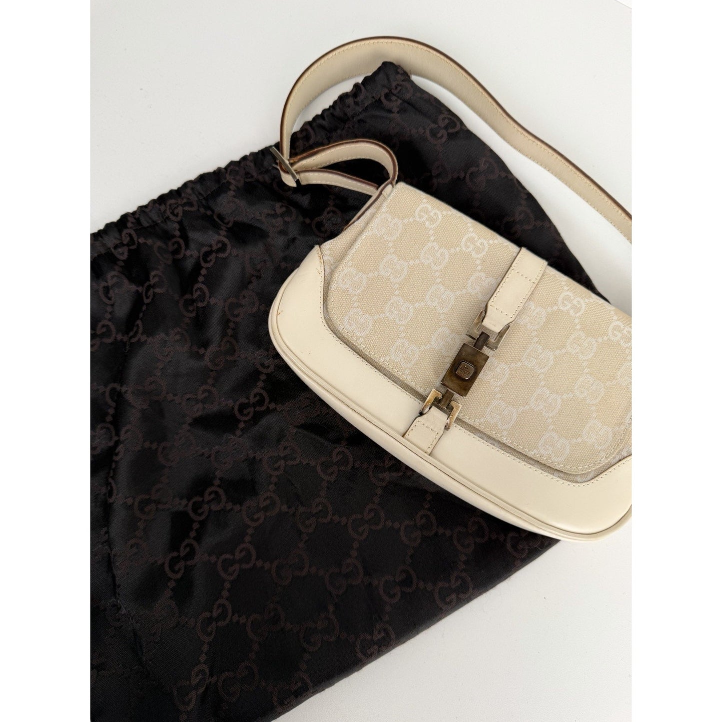 Gucci Mini Jackie O Shoulder Bag Neutral GG Monogram Canvas & Leather Trim S03