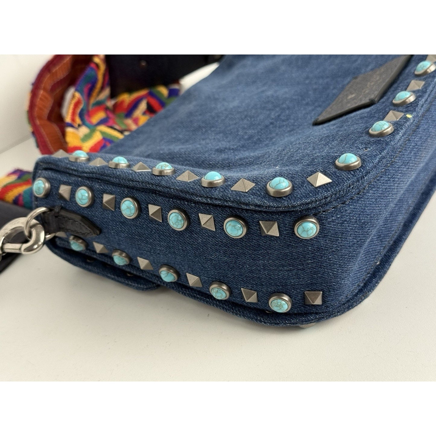 Valentino Rolling Rockstud Denim and Leather Shoulder Bag with Multicolor Strap