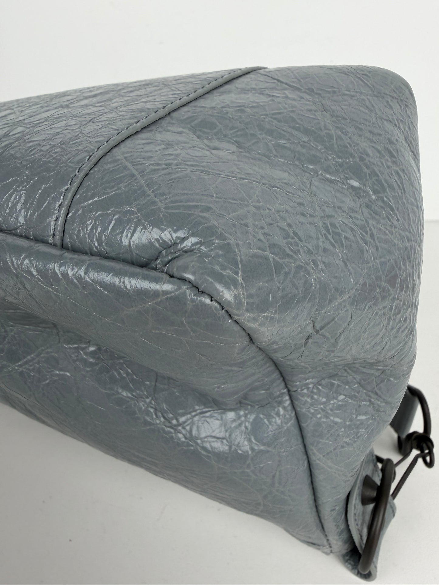 Balenciaga Le City Moto Shoulder Bag Small in Blue-Gray Crinkled Leather YC-5