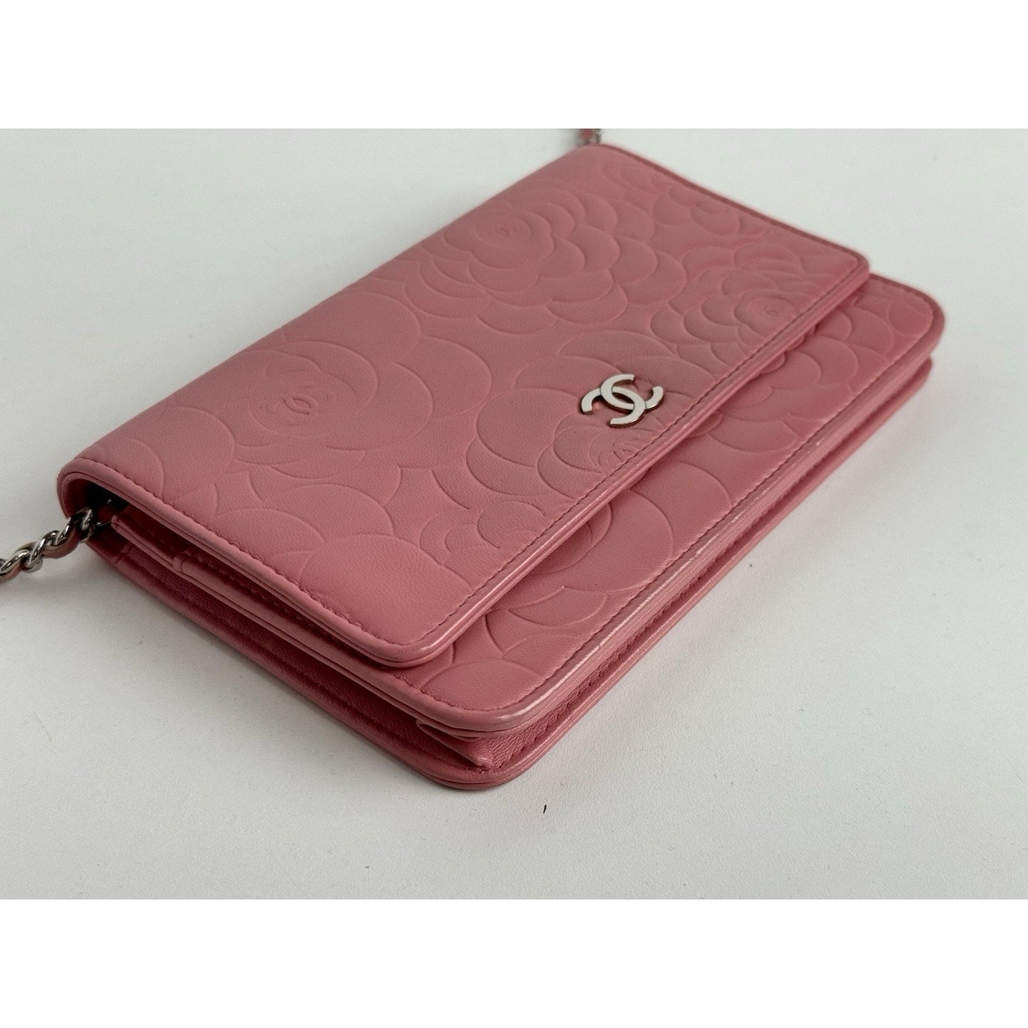 Chanel Camellia Wallet on Chain Pink Embossed Lambskin Silver Hardware B-9