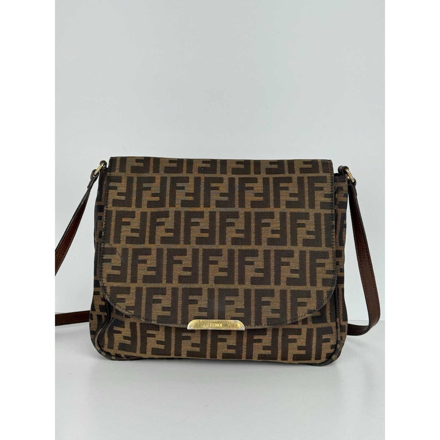 Fendi Tobacco Zucca Canvas Flap Crossbody Bag with Gold Hardware D-1