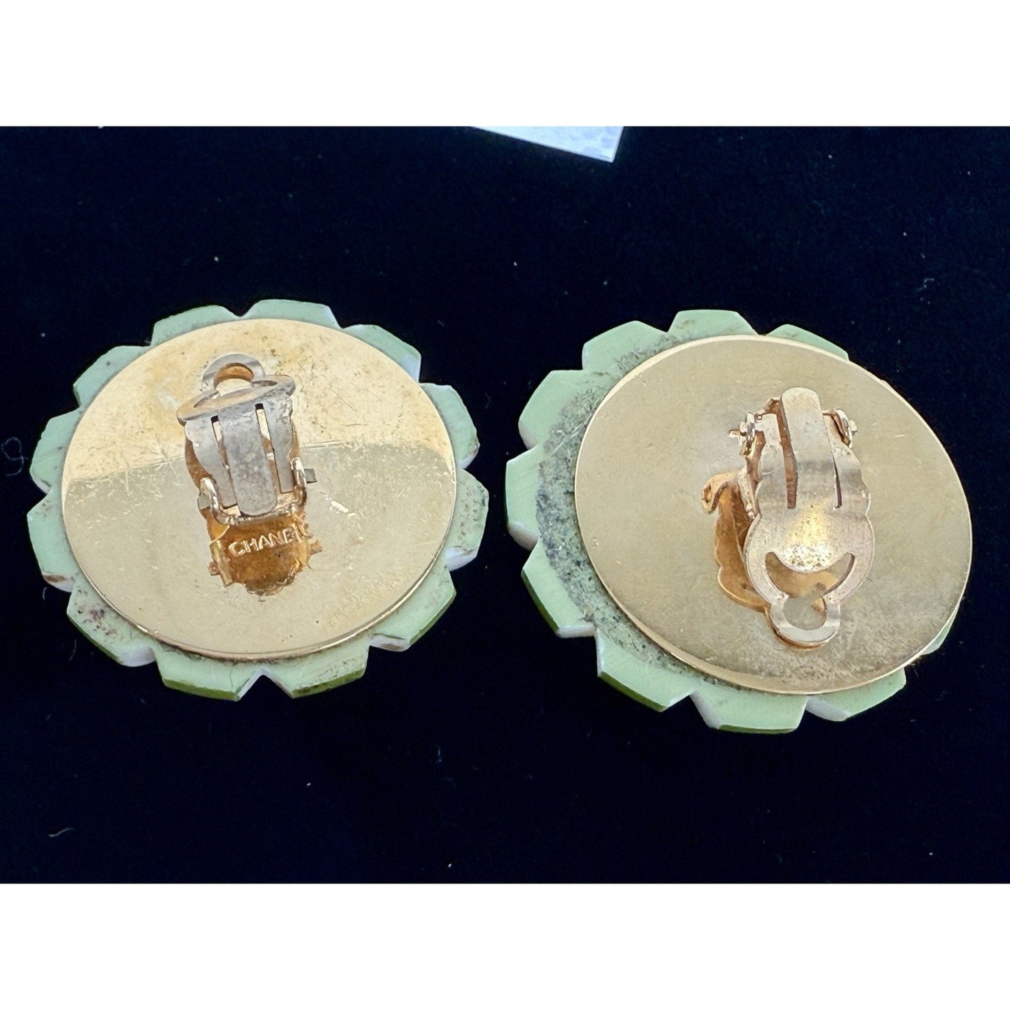 Chanel Vintage Gold Tone Clover Green Enamel Clip On Earrings