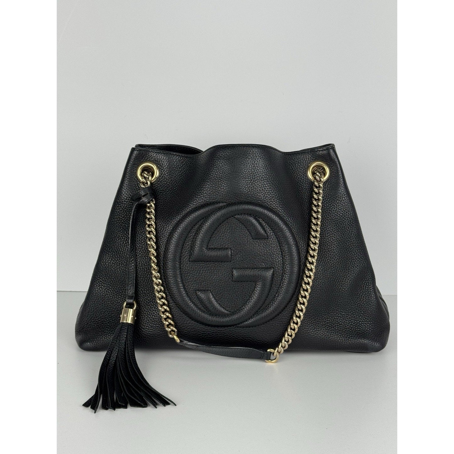Gucci Soho Black Pebbled Leather Chain Tote Bag C-7