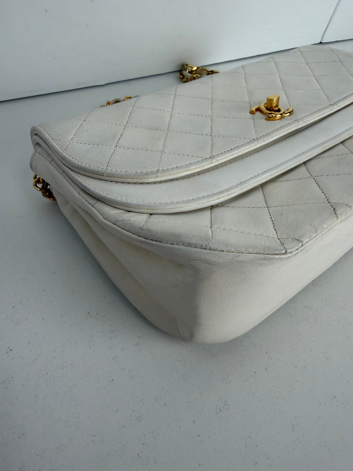 Chanel Half Moon Vintage Double Flap Bag in White Lambskin Leather With Gold-Tone Hardware