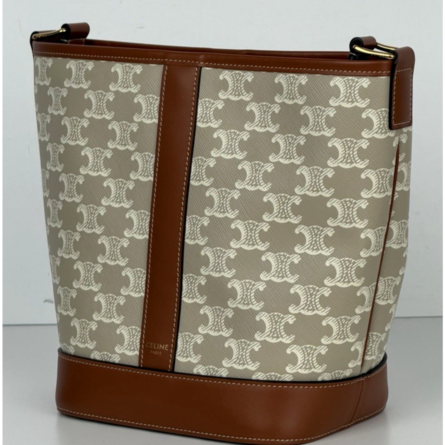 Celine Bucket Bag Small in Tan Triomphe Canvas with Calfskin Leather Trim S14