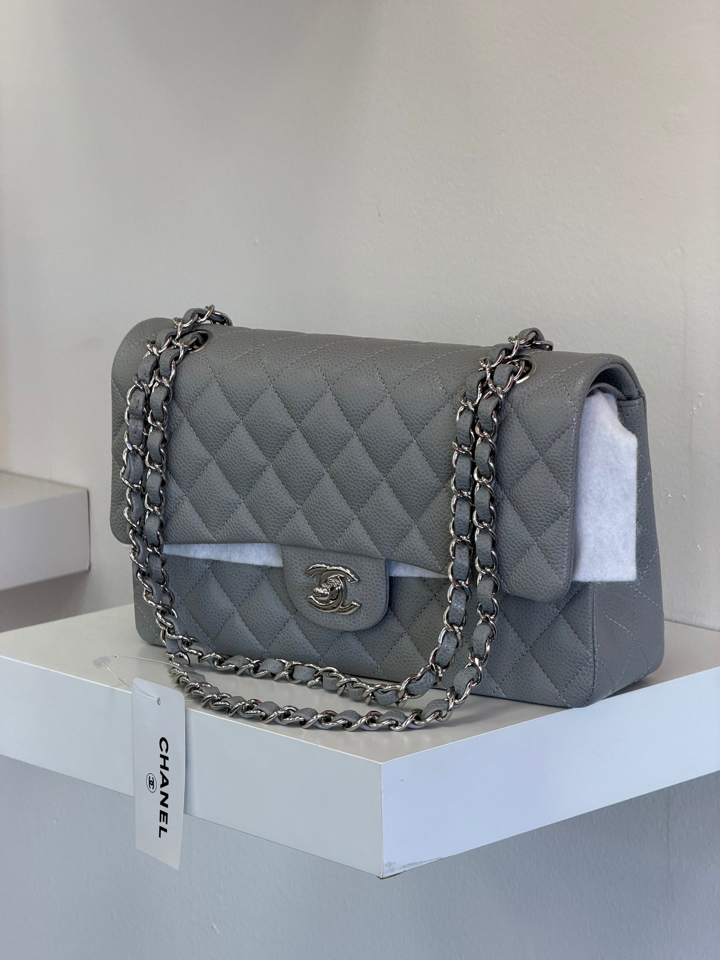 Chanel Classic Double Flap Bag in grey quilted caviar leather