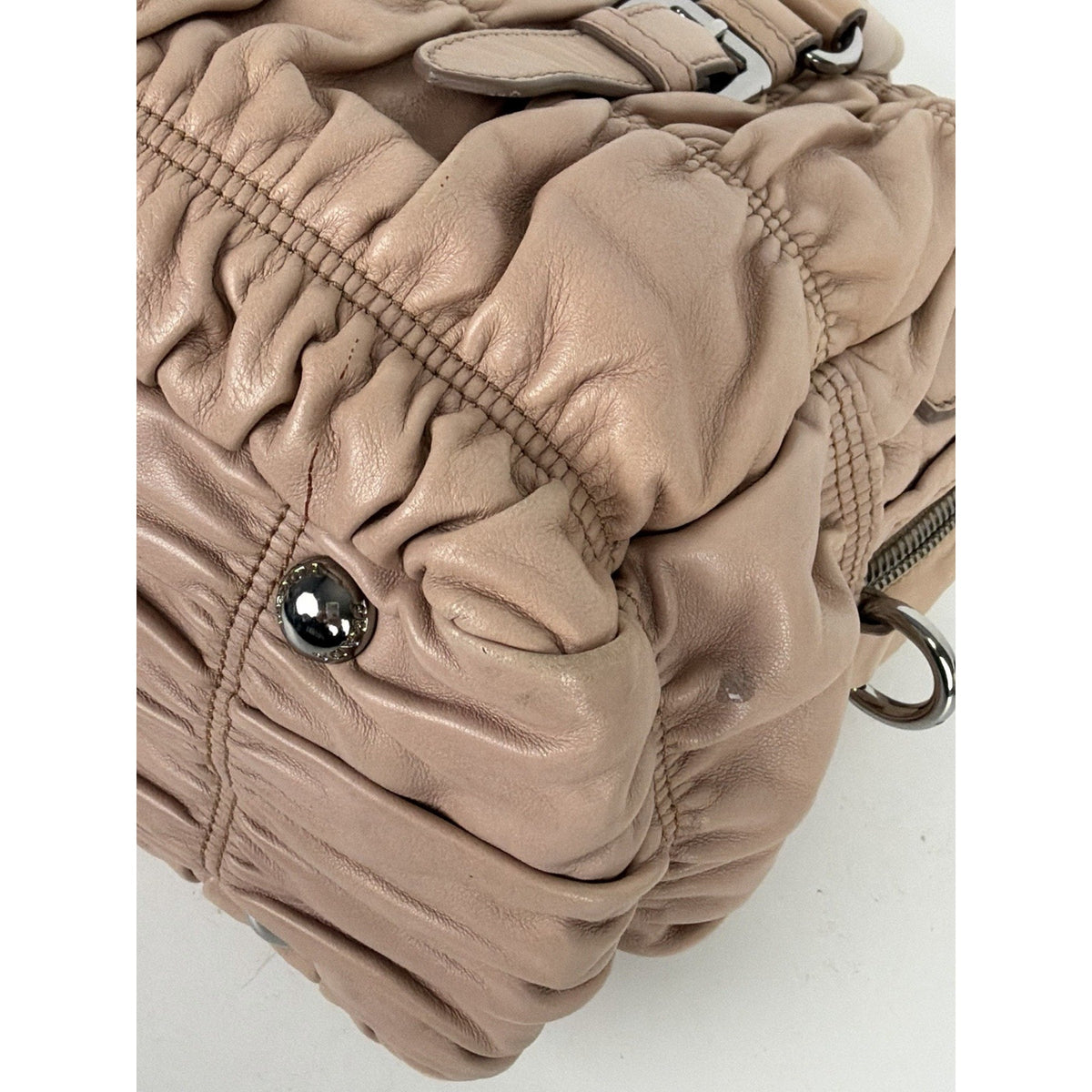 Prada Nappa Gaufre Satchel Shoulder Bag in Beige Leather Silver-Tone Hardware S7