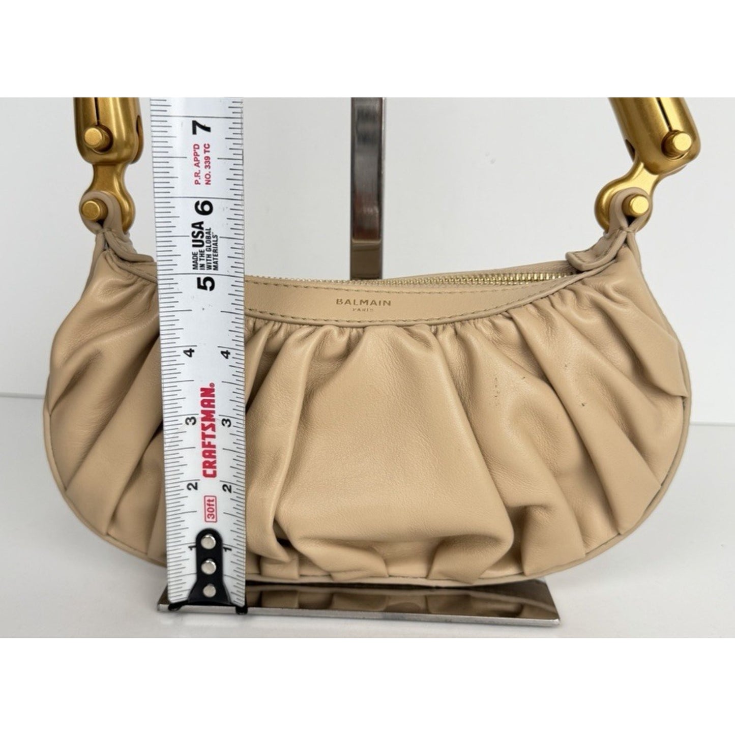 Balmain Mini Bag in Ebene Scrunched Leather Crossbody with Crochet Handle S-05