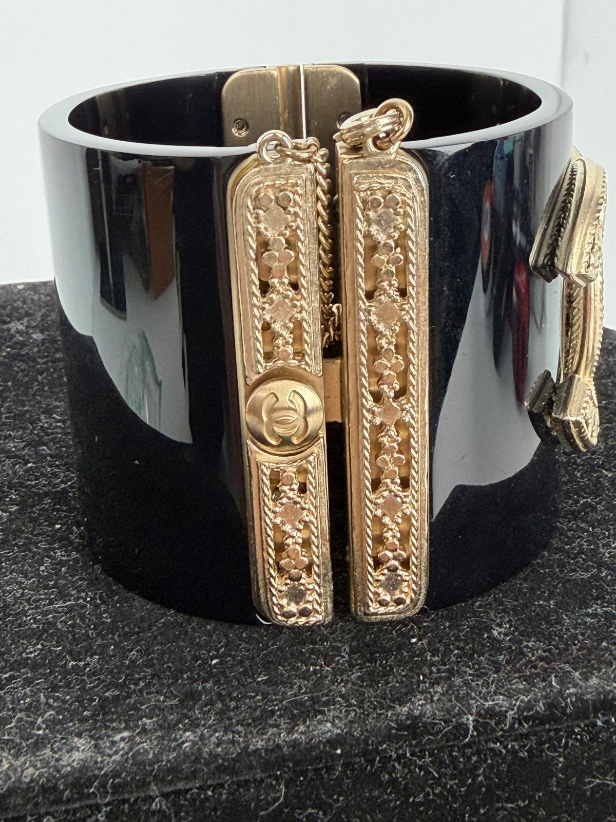 Chanel Resin Hinged Cuff Wide Bracelet in Black & Gold K-3