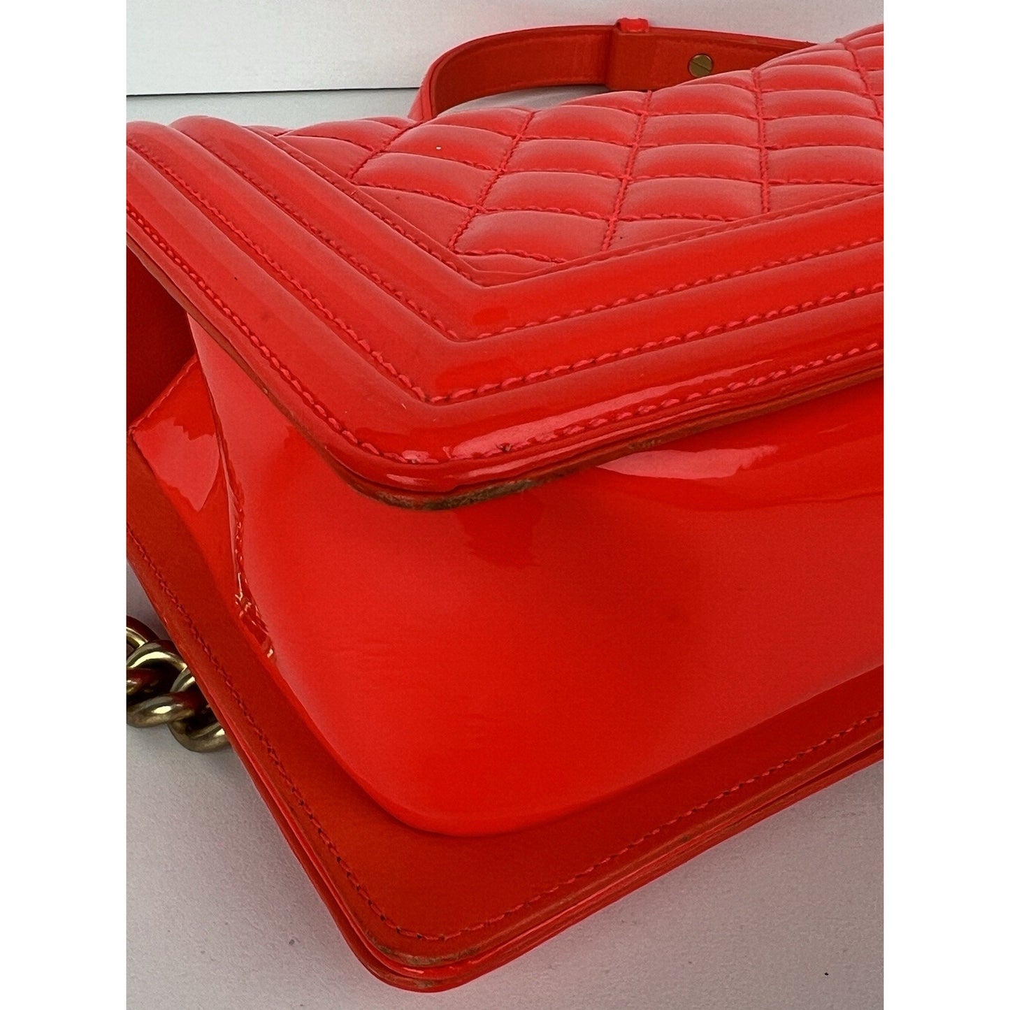 CHANEL Patent Quilted Medium Boy Flap Orange Shoulder Bag (2015-2016)
