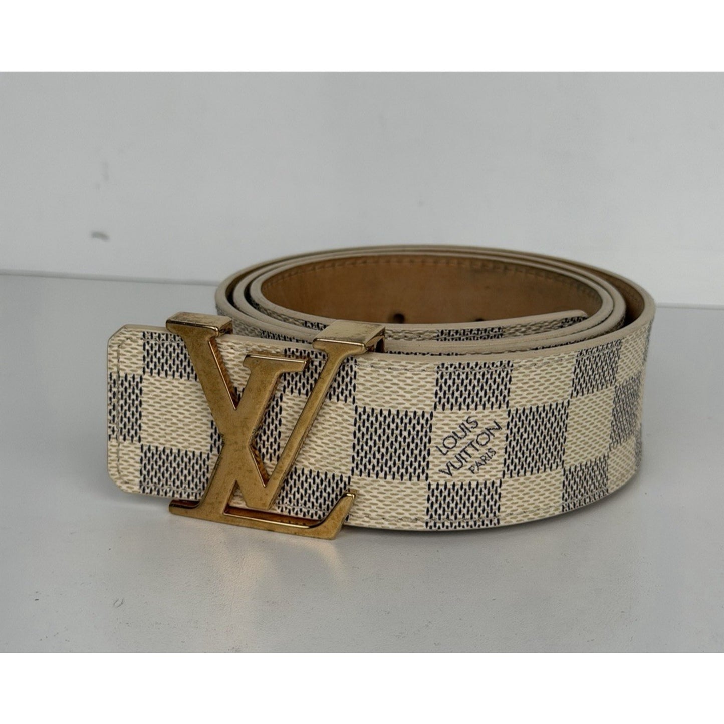 Louis Vuitton Initiales Belt 90-36 Damier Azur Canvas & Gold-Tone Hardware K1
