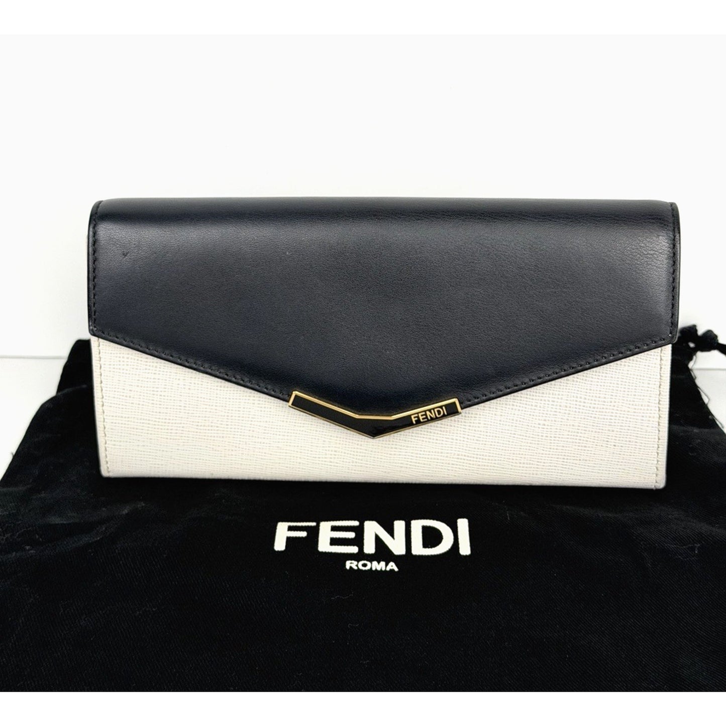 Fendi Envelope Long Wallet in White and Black Leather
