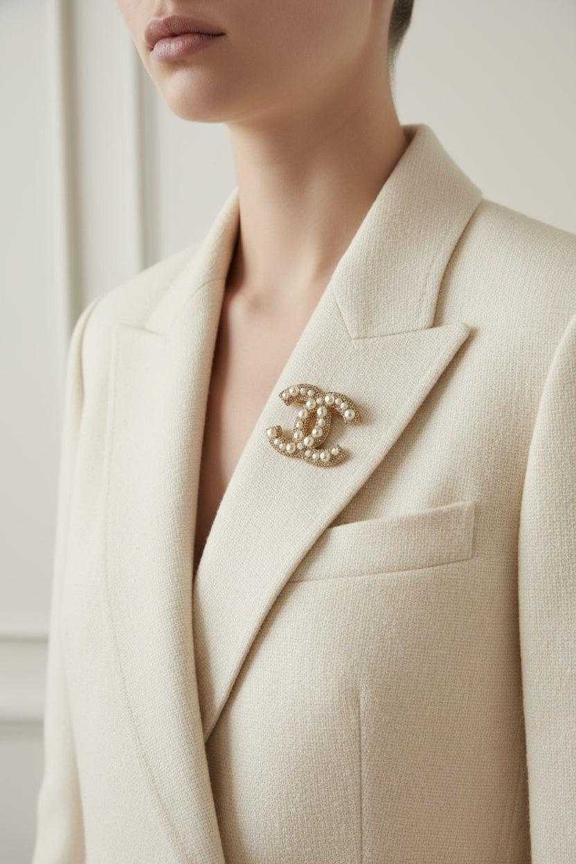 Chanel Pearl & Strass CC Pin Brooch Gold