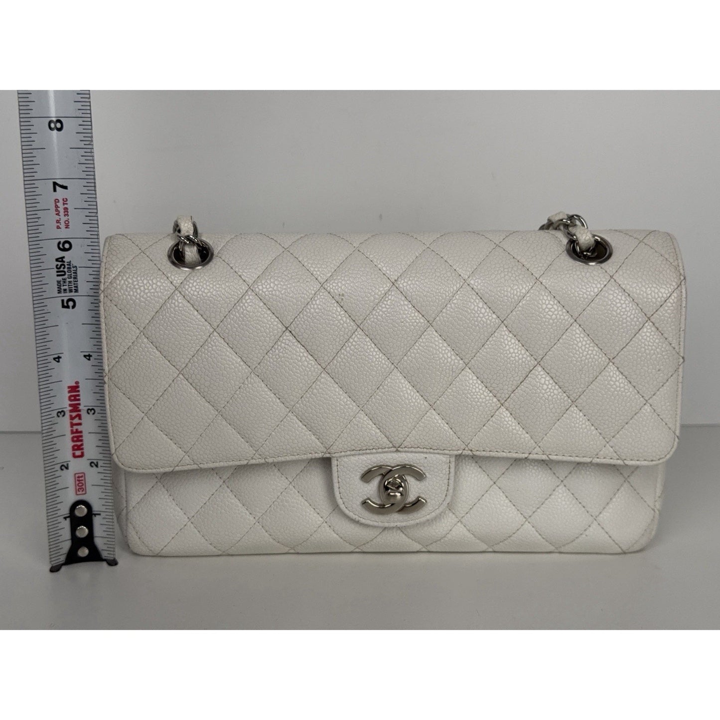 Chanel Classic Medium Double Flap Shoulder Bag in White Caviar Leather 2005-2006 B1