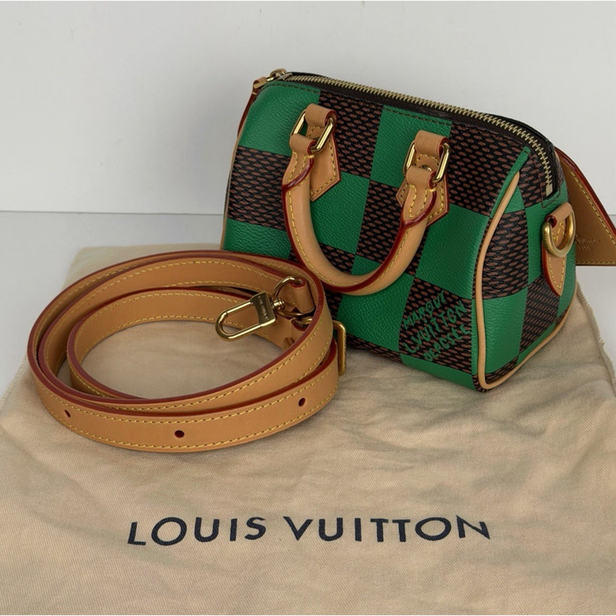 LAYAWAY: Louis Vuitton Nano Speedy Bandouliere in Damier Pop Green Canvas Microchipped B1 (Copy)