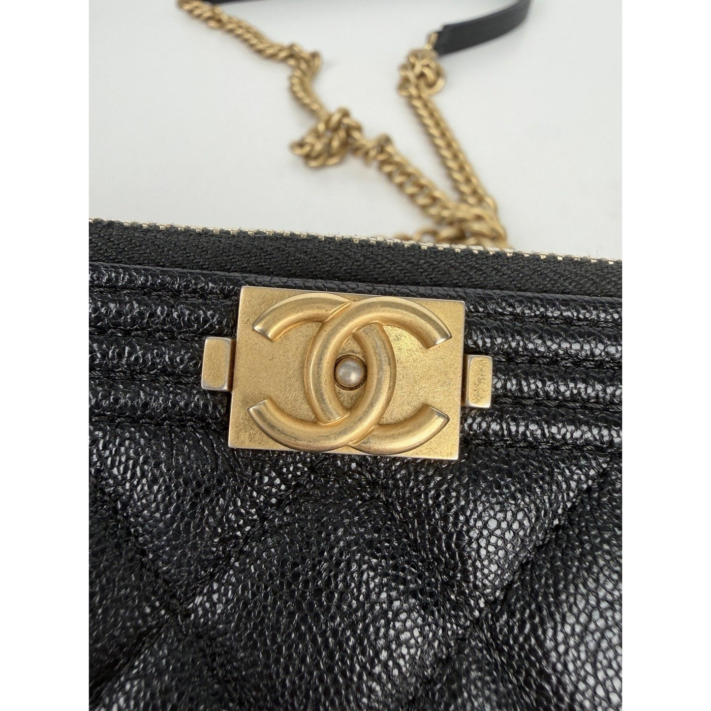 Chanel Boy Double Zip Chain Clutch in Quilted Black Caviar Leather 2019 E4