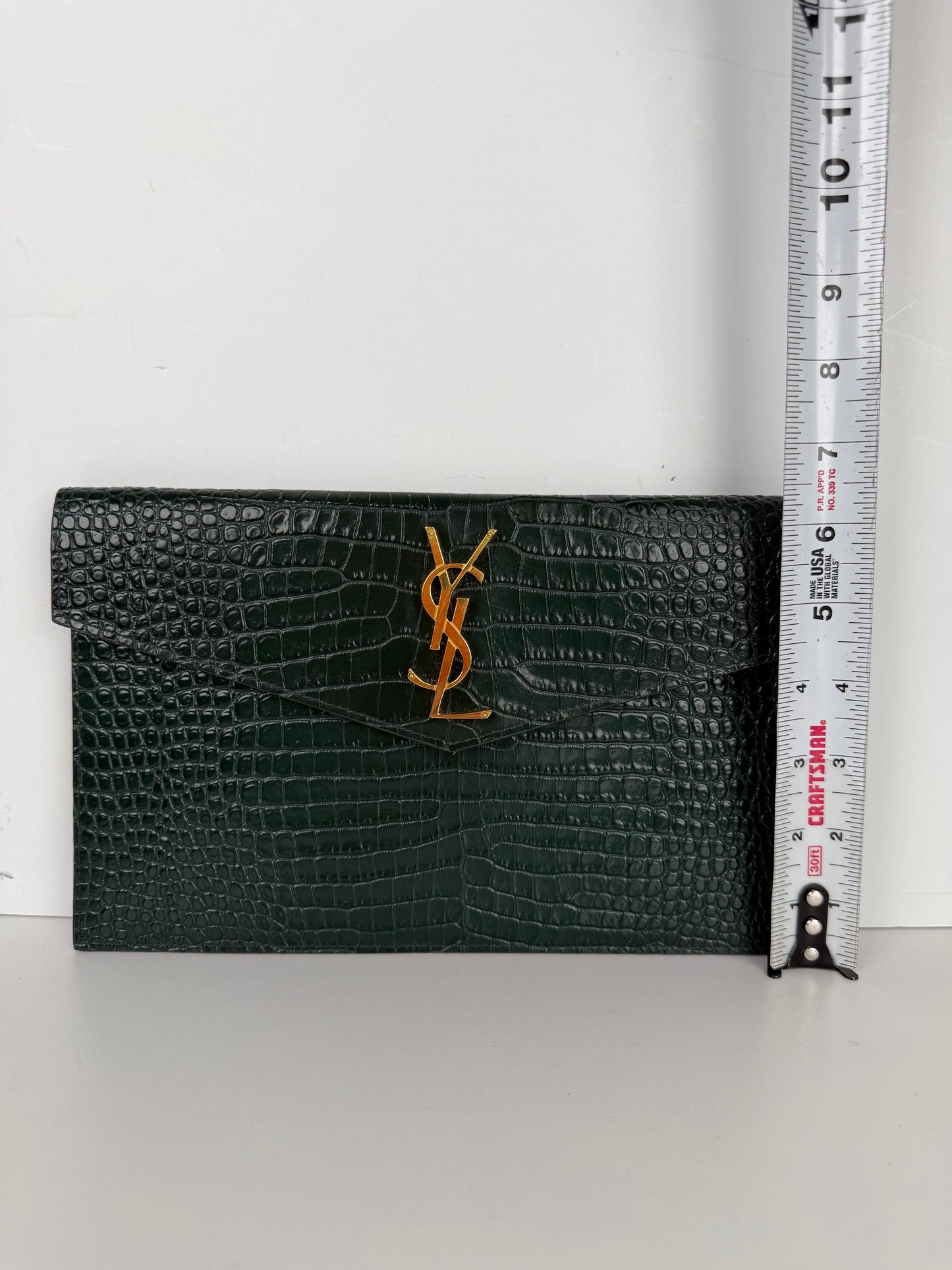 Saint Laurent Uptown Clutch Bag in Dark Green Croc-Embossed Leather YS-10