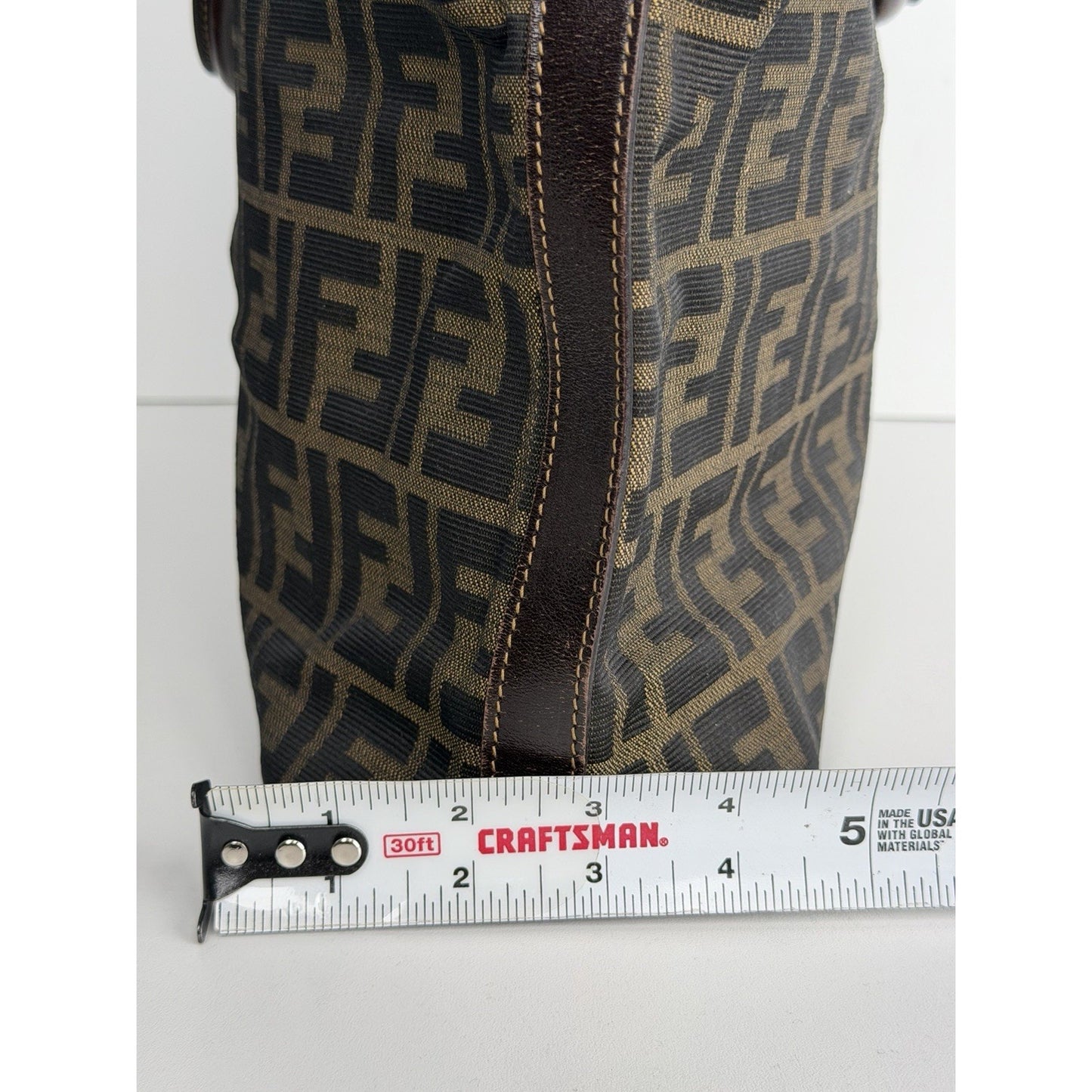 Fendi Zucca Tote Bag FF Monogram Canvas & Dark Brown Leather Trim S