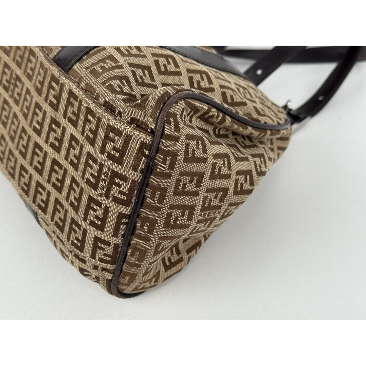 Fendi Zucchino Canvas Monogram Bag with Leather Trim and Silver Hardware