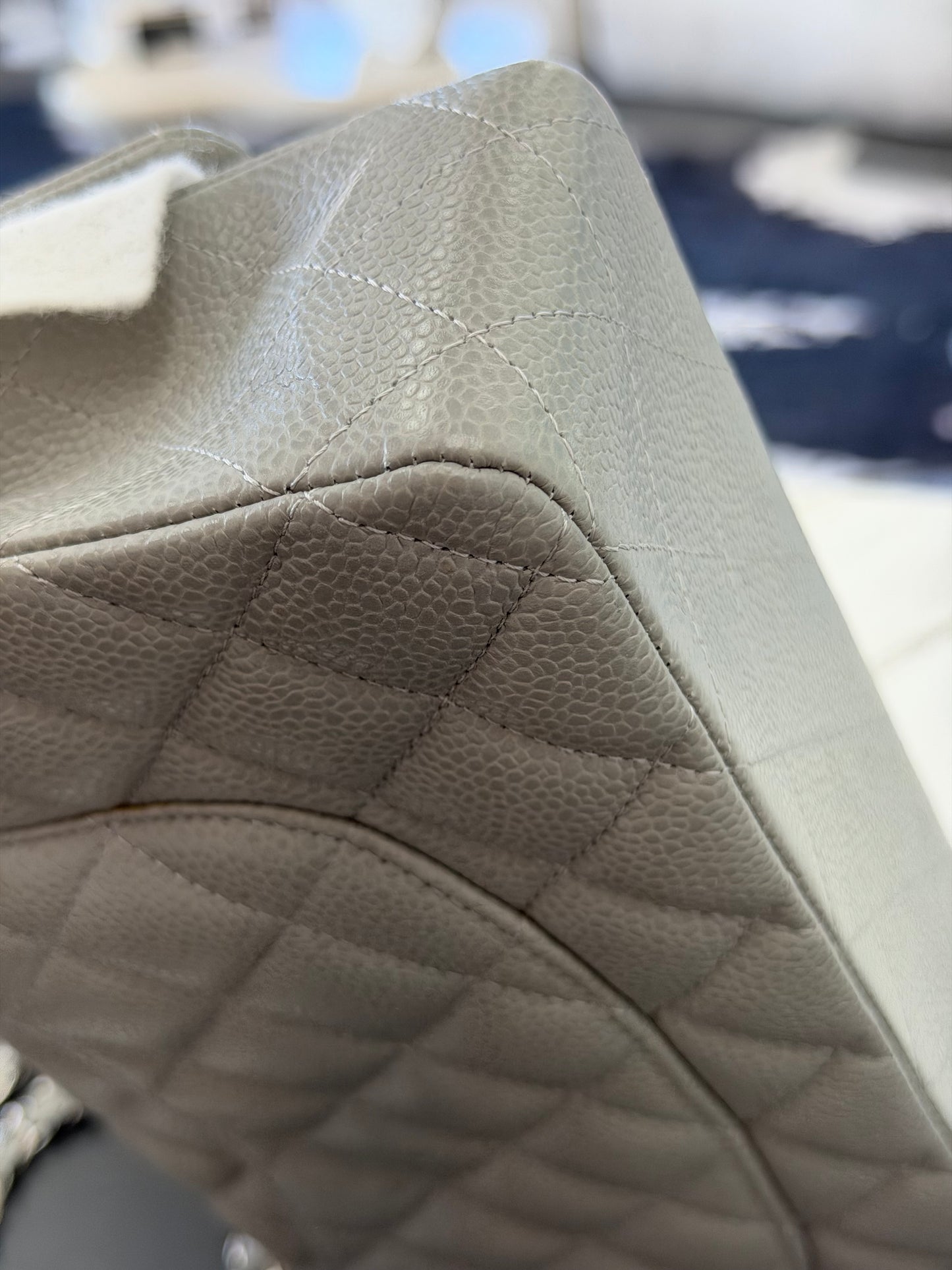 Chanel Classic Double Flap Bag in grey quilted caviar leather