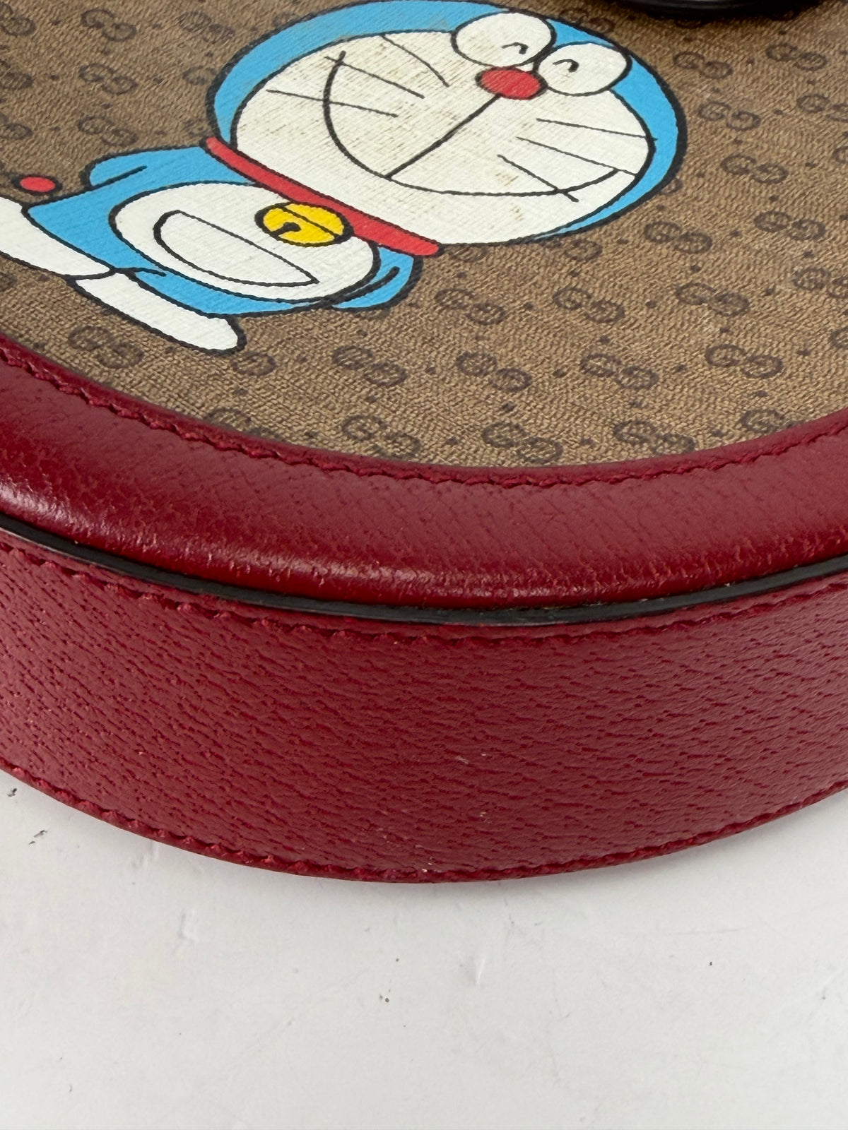 Gucci X Doraemon Mini Round Shoulder Bag in Brown Canvas & Red Leather YS23