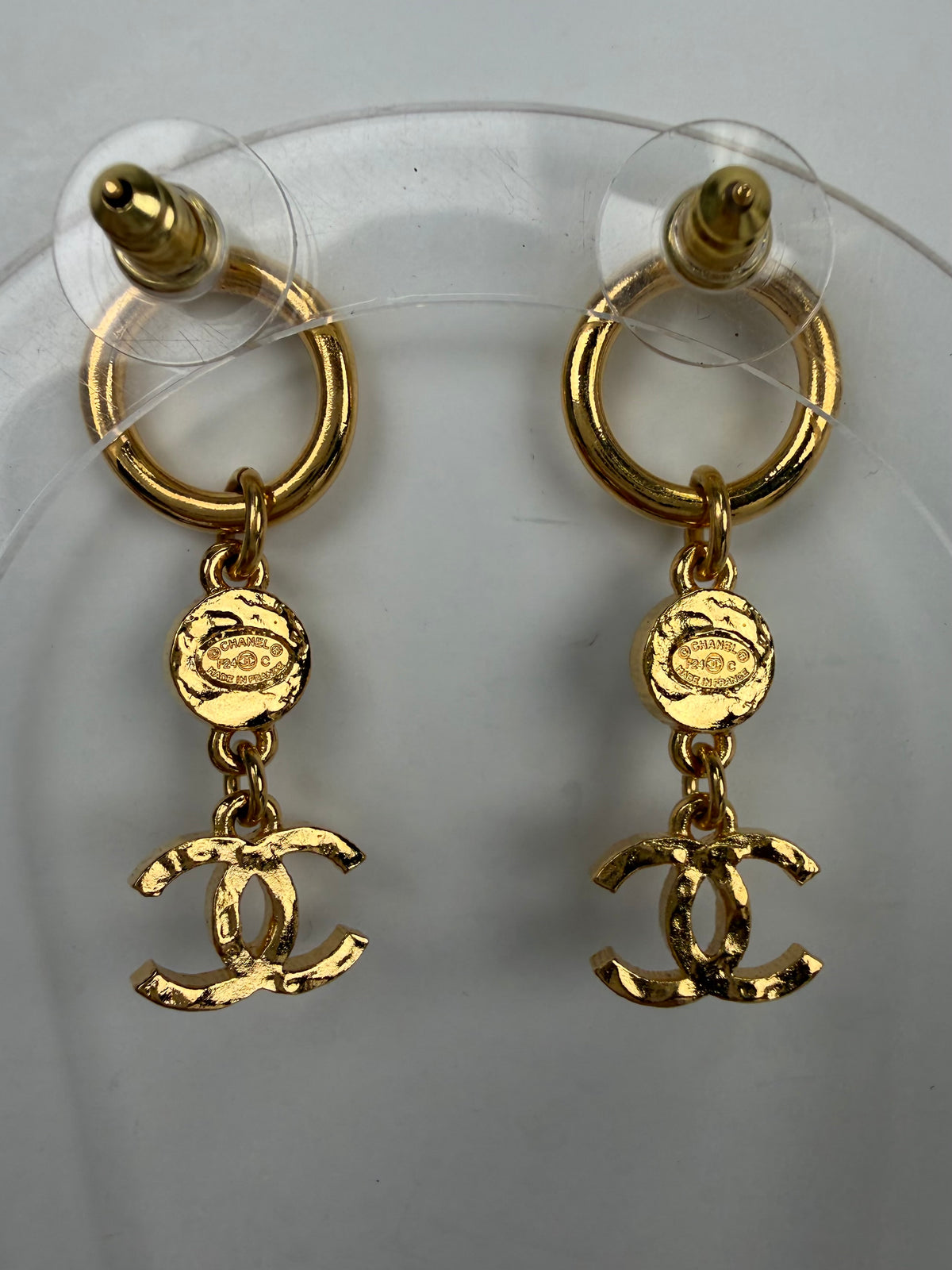 Chanel Metal Resin Disc CC Long Drop Earrings in Gold and Black K1