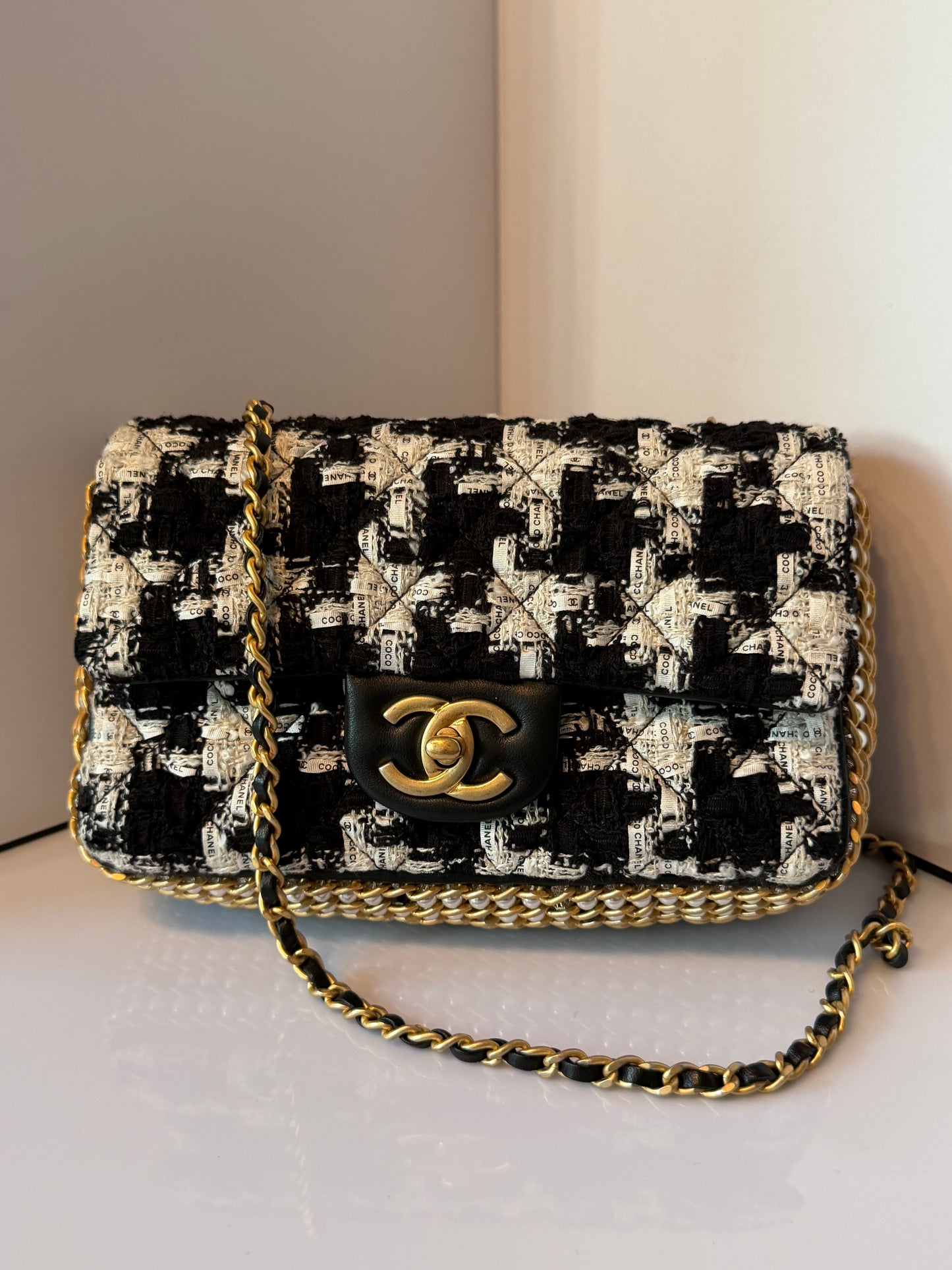CHANEL Black/White Quilted Tweed River Of Pearls Mini Flap Bag