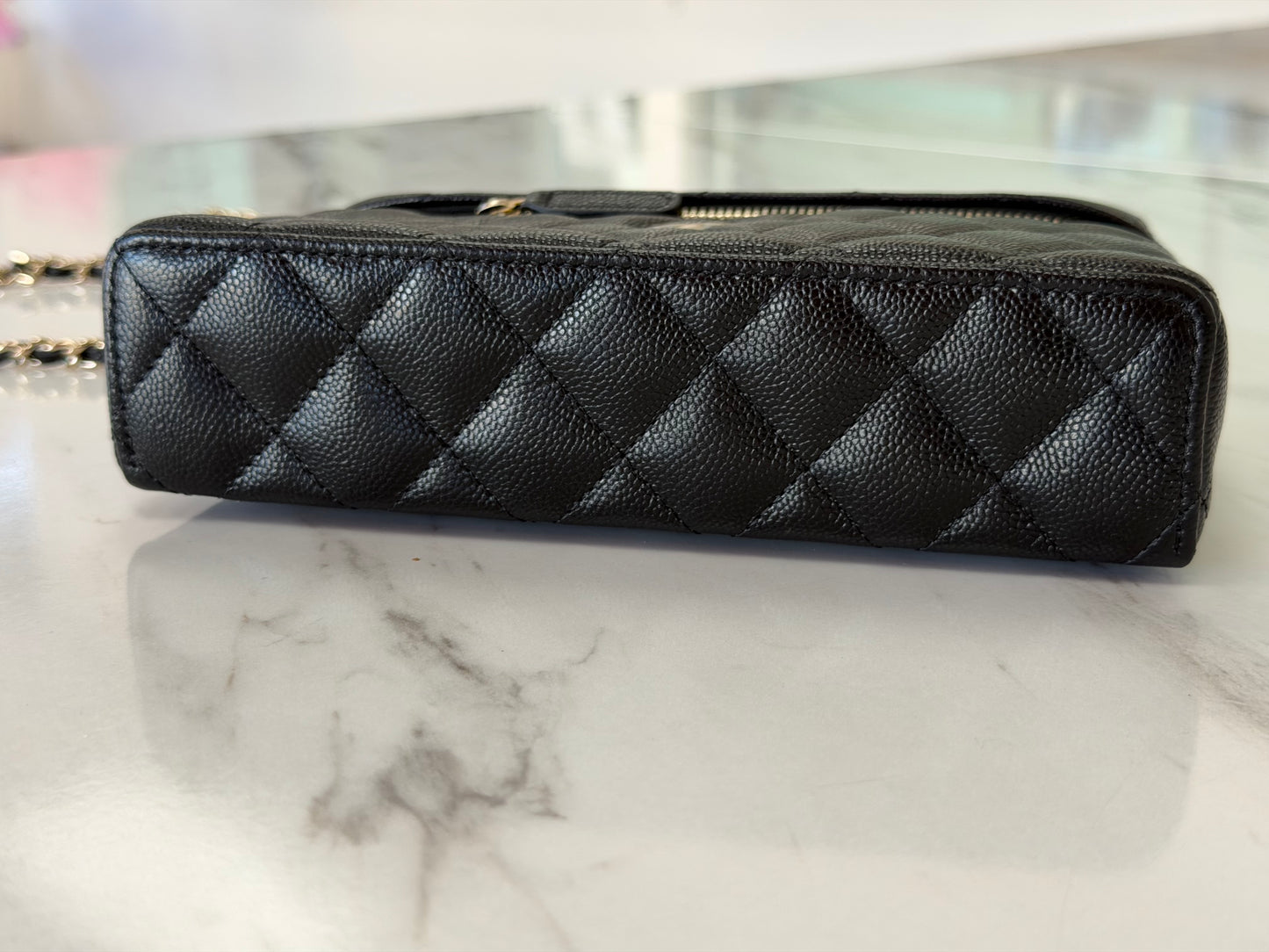 Chanel Caviar Quilted Top Handle Slim Vanity Case with Chain