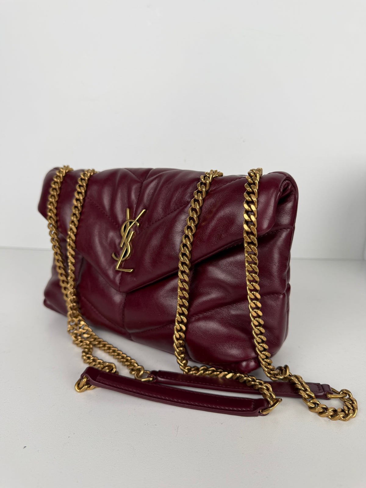 Saint Laurent Toy Puffer Shoulder Bag in Burgundy Lambskin Leather
