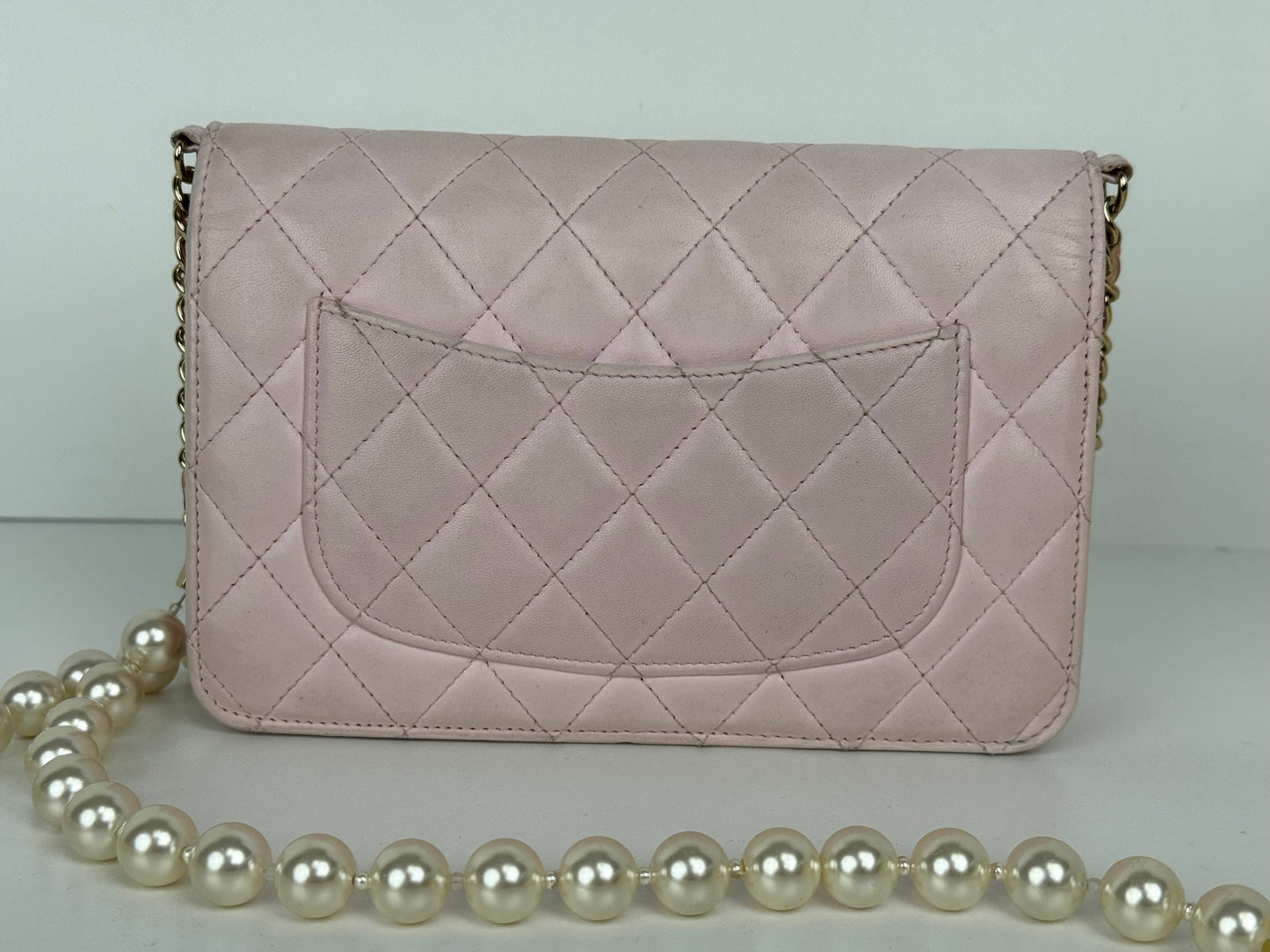 Chanel Pink Quilted Leather Pearl Wallet on Chain With Gold Hardware