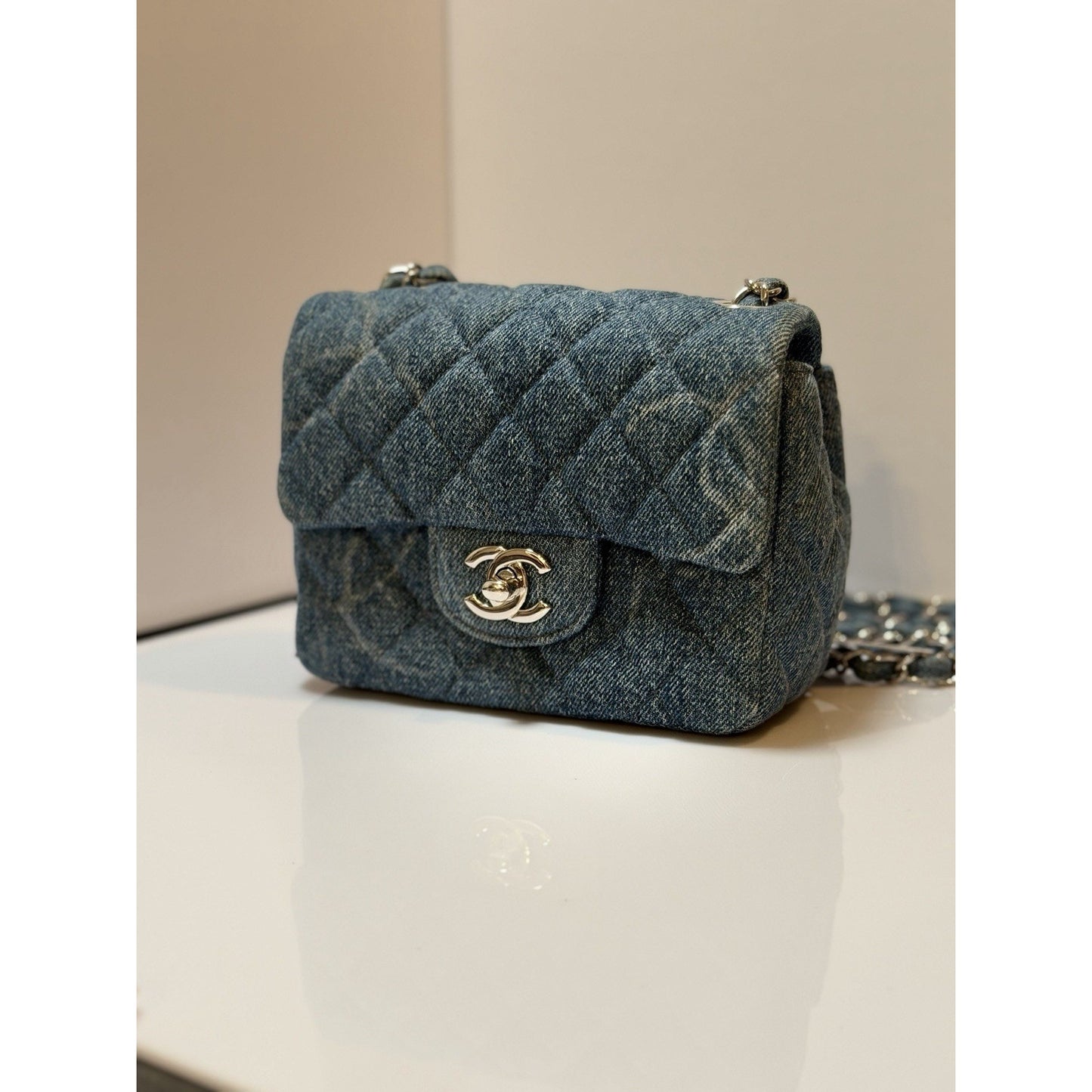 Chanel Square Classic Single Flap Bag Quilted CC Printed Denim Mini