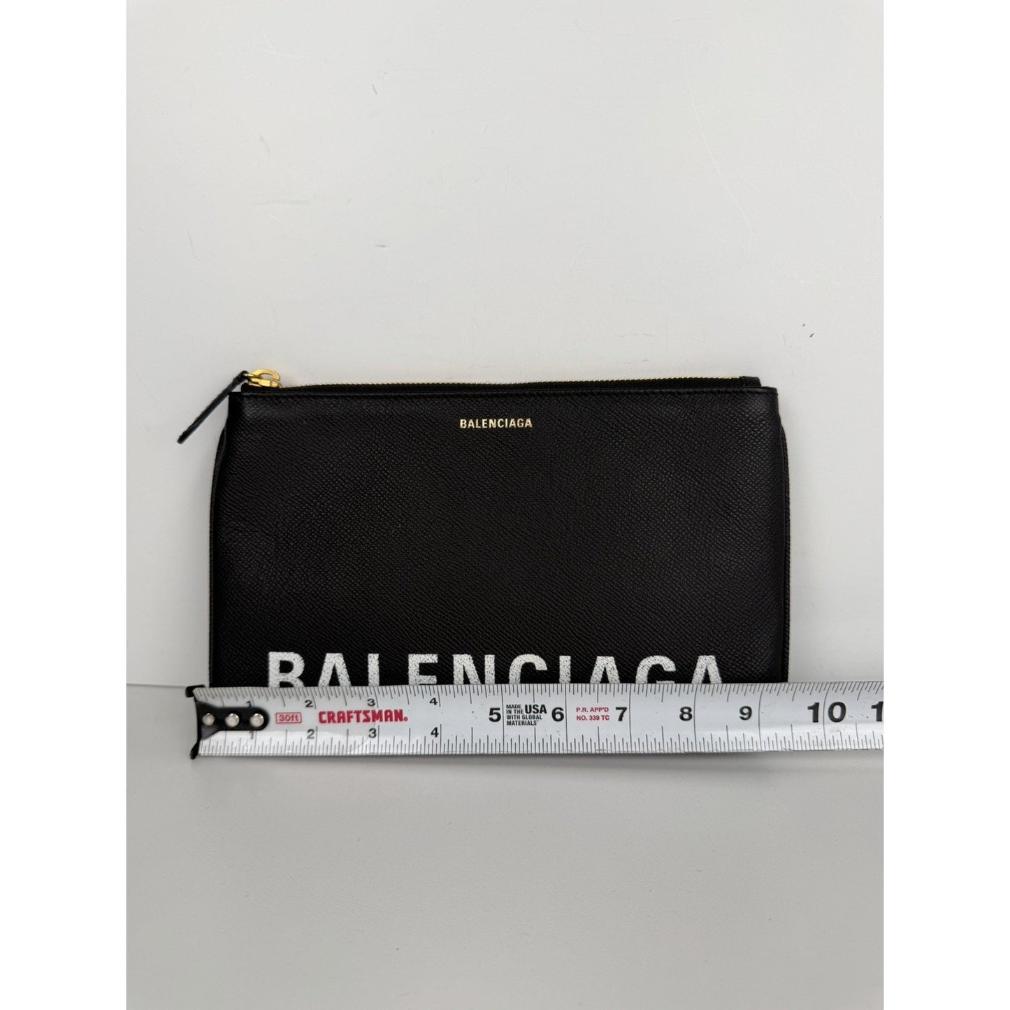 Balenciaga Ville Clutch Bag in Black Grained Leather with White Logo S-16