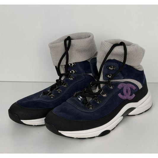 Chanel Suede Calfskin Knit Sock CC Sneakers in Blue and Grey 38EU (7.5-8US)