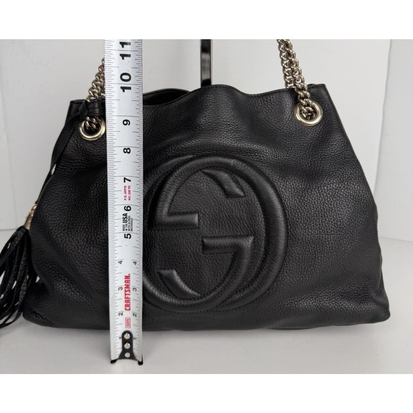 Gucci Soho Chain Shoulder Medium Bag in Black Pebbled Leather with Tassel S-06