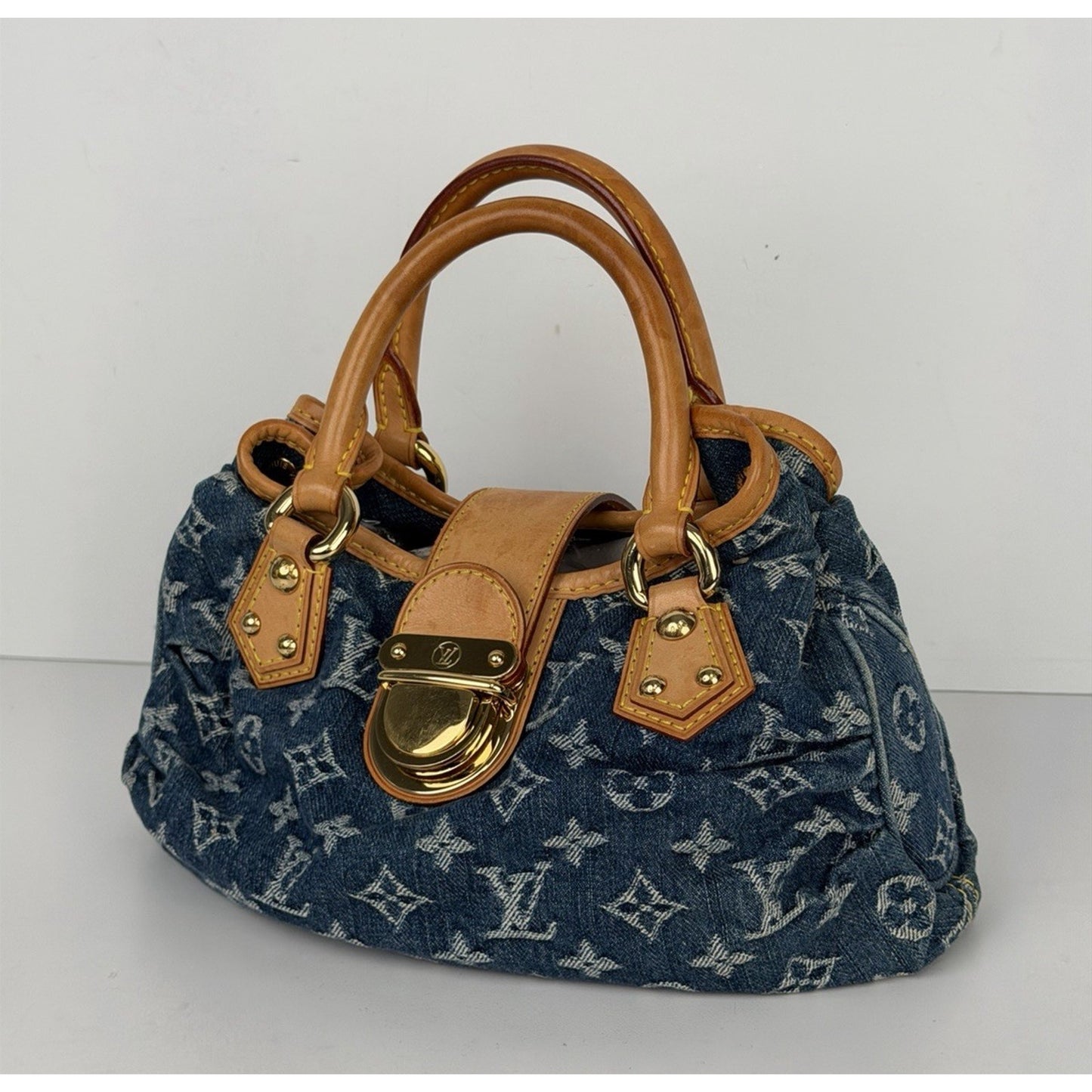 Louis Vuitton Denim Pleaty HandBag Blue Monogram & Gold-Tone Hardware D8
