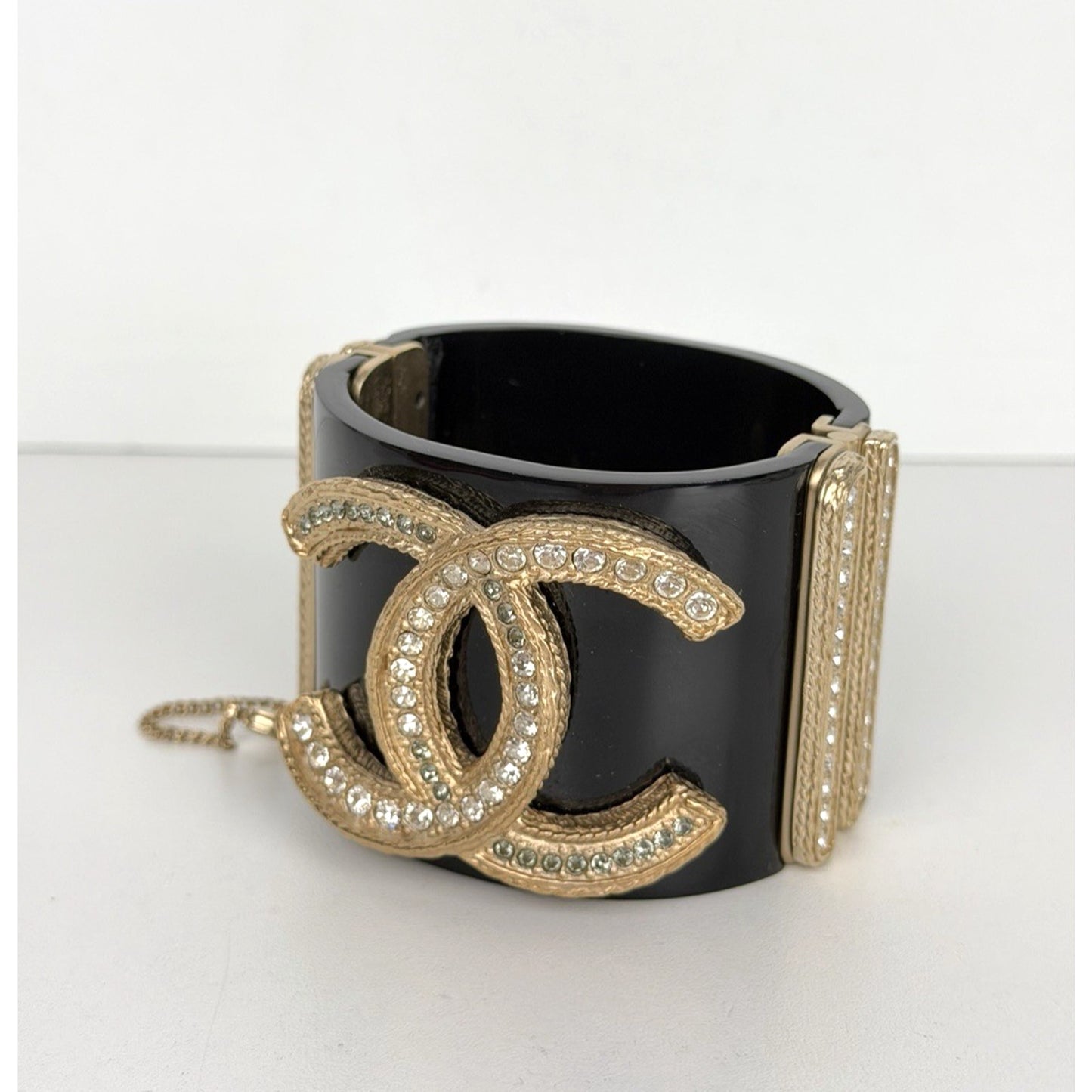 Chanel Resin & Crystal CC Hinged Cuff Wide Bracelet in Black & Gold