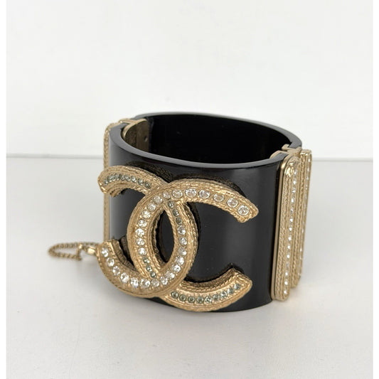 Chanel Resin & Crystal CC Hinged Cuff Wide Bracelet in Black & Gold