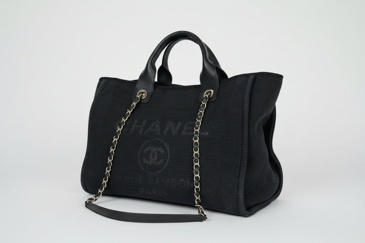 Chanel Deauville Tote Bag Smmall in Black Canvas with Gold-Tone Hardware NFC C4