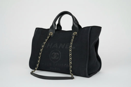 Chanel Deauville Tote Bag Smmall in Black Canvas with Gold-Tone Hardware NFC C4