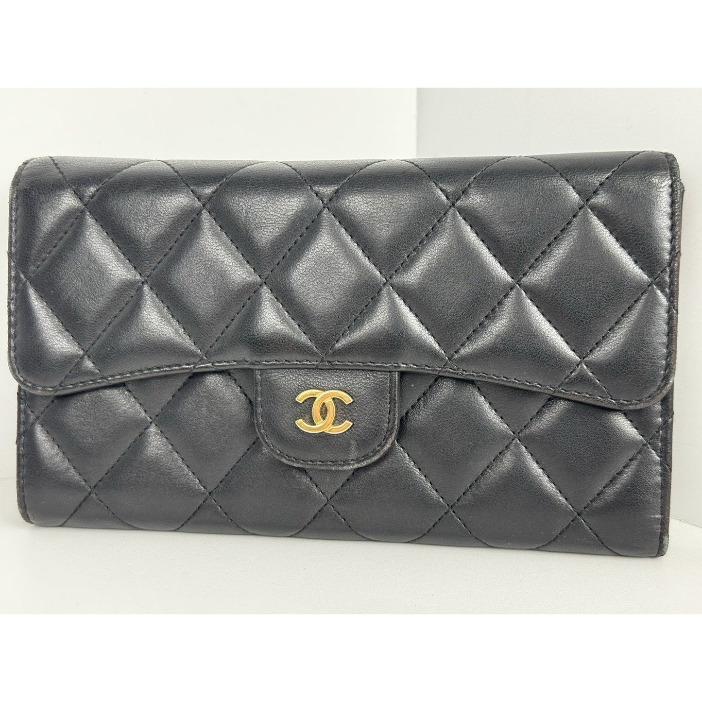 Chanel Large Flap Wallet in Black Diamond Quilted Lambskin w Gold Hardware B-9