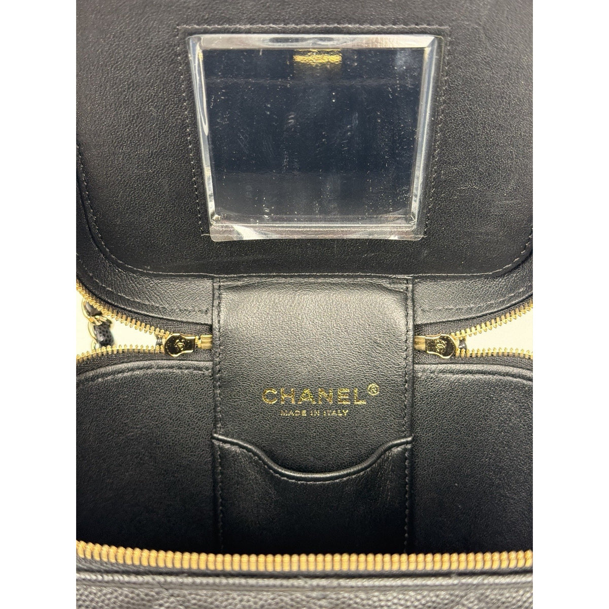Chanel Vanity Case Top Handle Crossbody Bag Black Quilted Caviar Leather NFC F3