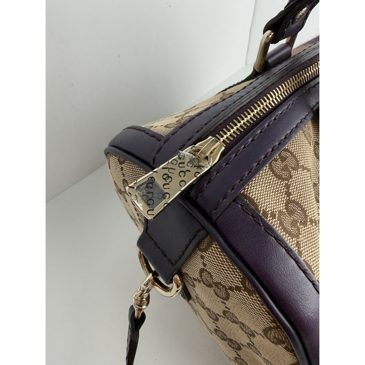 Gucci Web Boston Medium Bag in Brown GG Monogram Canvas & Purple Trim S