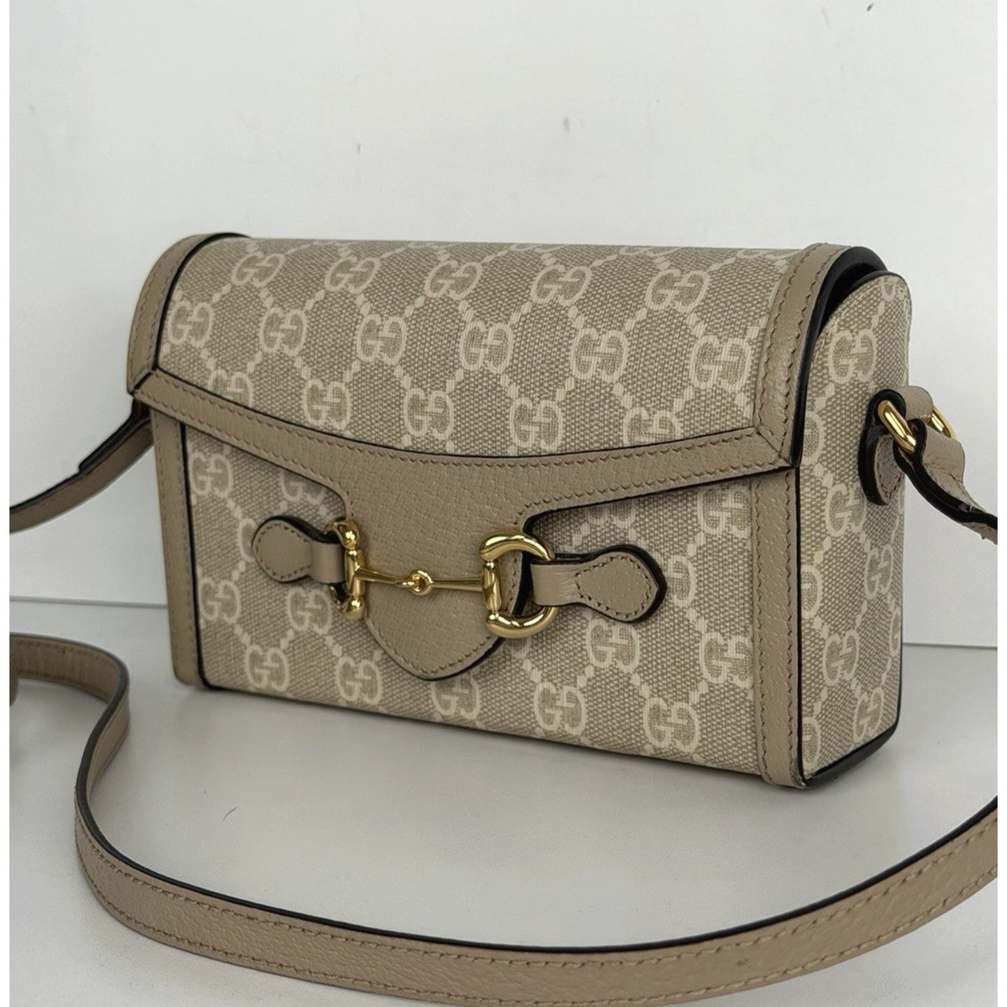 Gucci Horsebit 1955 Mini Bag in Beige and White GG Supreme Coated Canvas S