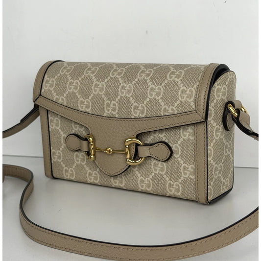 Gucci Horsebit 1955 Mini Bag in Beige and White GG Supreme Coated Canvas S