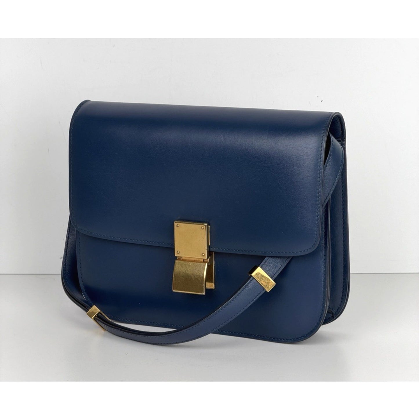 Celine Classic Box Bag Medium Blue Calfskin Leather Gold-Tone Hardware R1