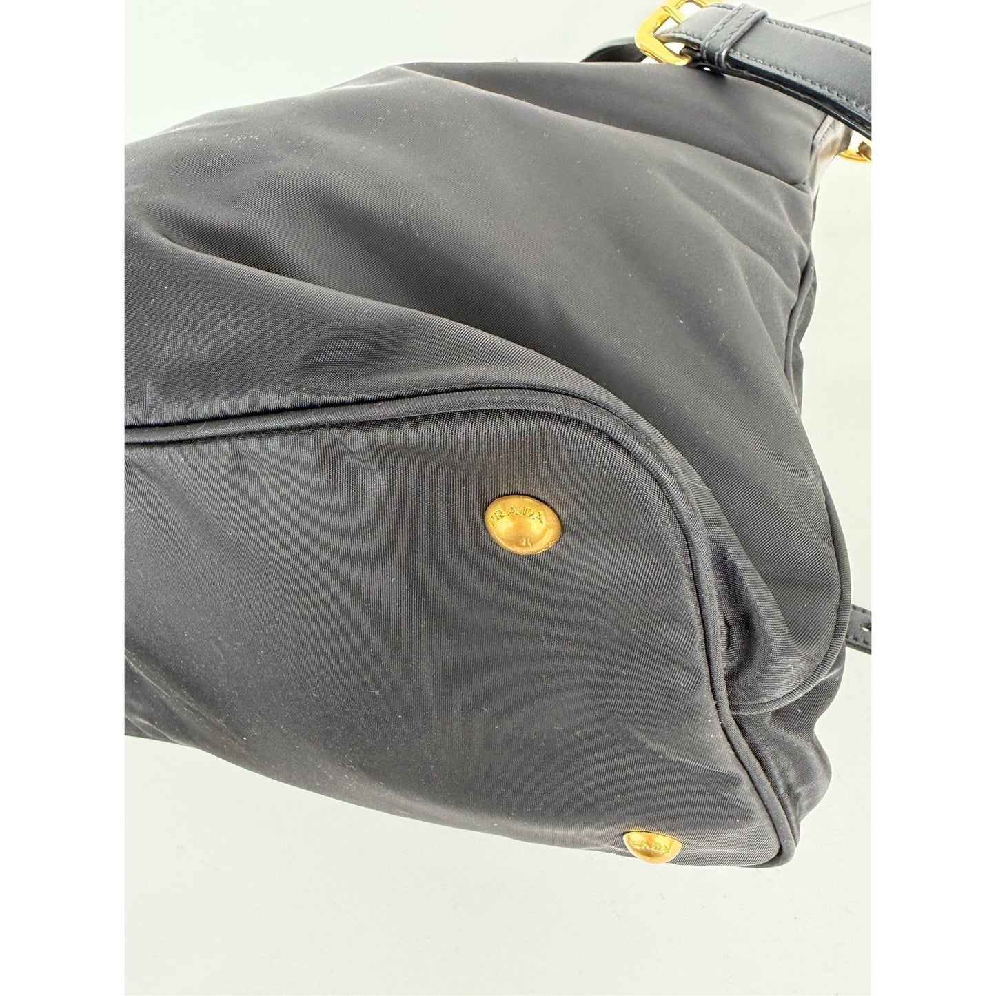 Prada Tessuto Tote Bag in Black Nylon with Gold Hardware Buckle Accents S