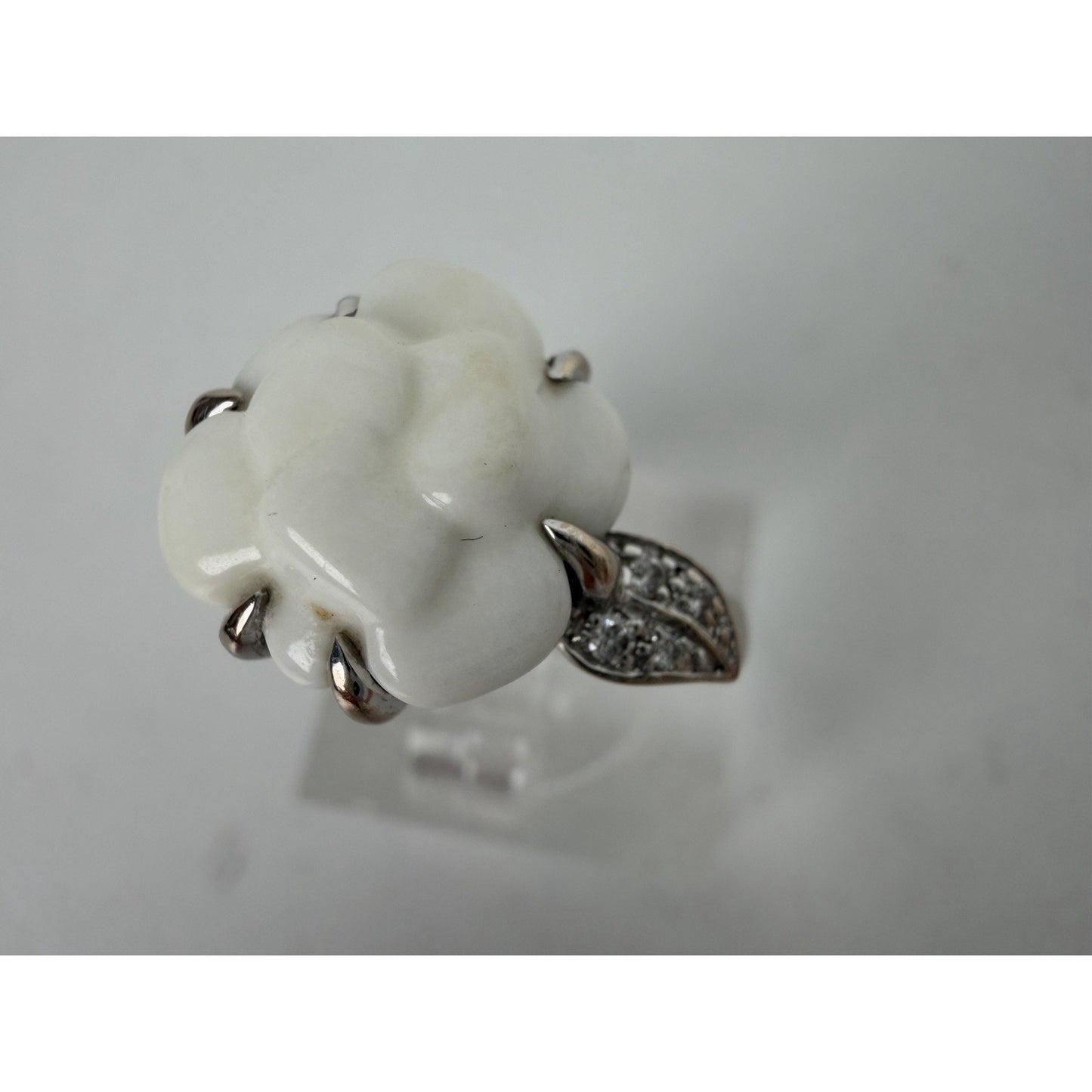 Chanel Camellia Agate Diamond Ring Size 5 in 18k White Gold